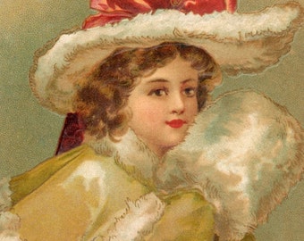 Vintage Christmas Art - Holiday print from an antique postcard showing a lovely young woman bundled in her winter garments