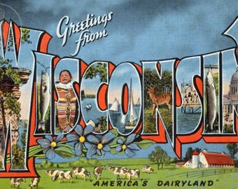 Greetings from Wisconsin, "America's Dairyland."  Vintage Large Letter Postcard Giclee Print