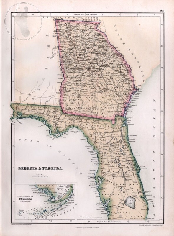Map Of Florida And Georgia Antique Map Of Florida And Georgia 1867 Black's Atlas Of | Etsy