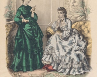 Antique Paris Ladies Fashion Plate (No 7. La Mode Illustree), Victorian Era Clothing, French, 1871, Giclee Print Reproduction,
