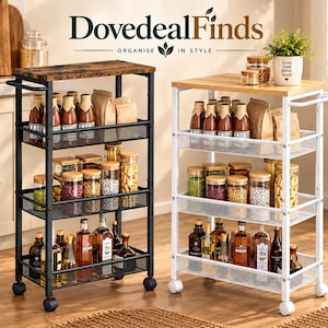 May include: Two four-tier rolling storage carts, one black with a dark wood-grain top and one white with a light wood-grain top. Each cart features mesh shelves filled with glass jars, bottles, and paper bags. The text "DovedealFinds" is visible.