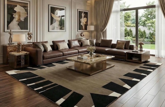 Modern Hand Tufted Wool Rug, Geometric Border Area Rug, Contemporary Brown Black Cream Neutral Carpet for Living Room Luxury Custom Size Rug