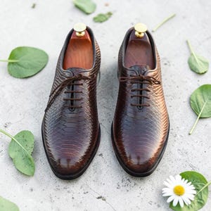 May include: A pair of brown leather dress shoes with a textured pattern and brown laces. The shoes have wooden shoe trees inside. The shoes are on a concrete surface with green leaves and a white daisy.