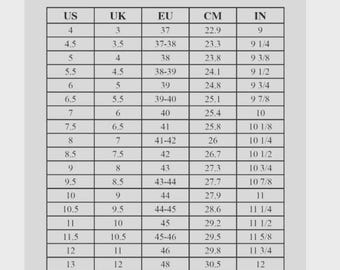 Shoe chart international shize US UK Europe All size  print