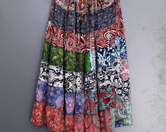 Handmade Recycled Silk Patchwork Skirt: Boho Maxi Tiered Skirt