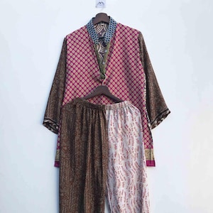 Handmade Vintage Women Patchwork kurta Set,Recycle Sari kurta-style top and pajama pants set,Silk Nightwear sleepwear,Patchwork Pajama Set.