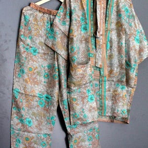 Indian Handmade Silk Pajama Set, Printed Silk Sari Dress, Short Kimono With Pajama Set, Matching Set, Silk Kimono Robe, Gifts