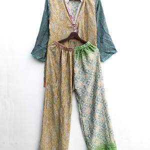 Bohemian Silk Nightwear Set, Vintage Silk Patchwork Loungewear, Relaxed Fit Silk Sleepwear, Indian Print Beachwear Co-Ord, Comfy Night Dress