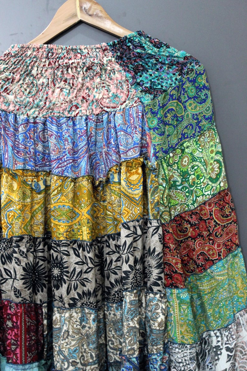 Handmade Recycled Silk Patchwork Skirt: Boho Maxi Tiered Skirt image 4
