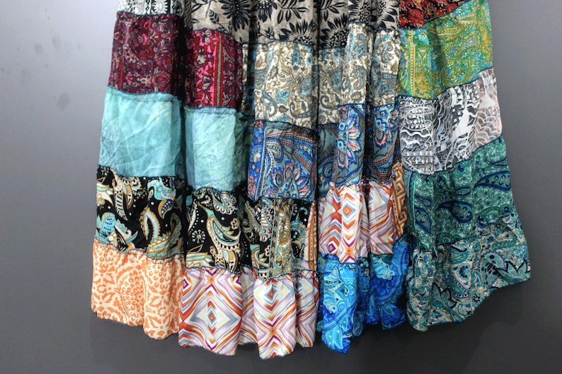 Handmade Recycled Silk Patchwork Skirt: Boho Maxi Tiered Skirt image 10