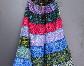 Boho Silk Maxi Skirt: Patchwork Paisley Print, Sari Frill Detail Plus Size