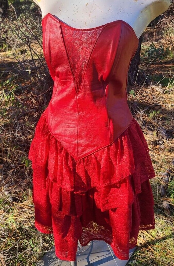 Vintage CHIA Dress Red Leather and Lace Strapless 