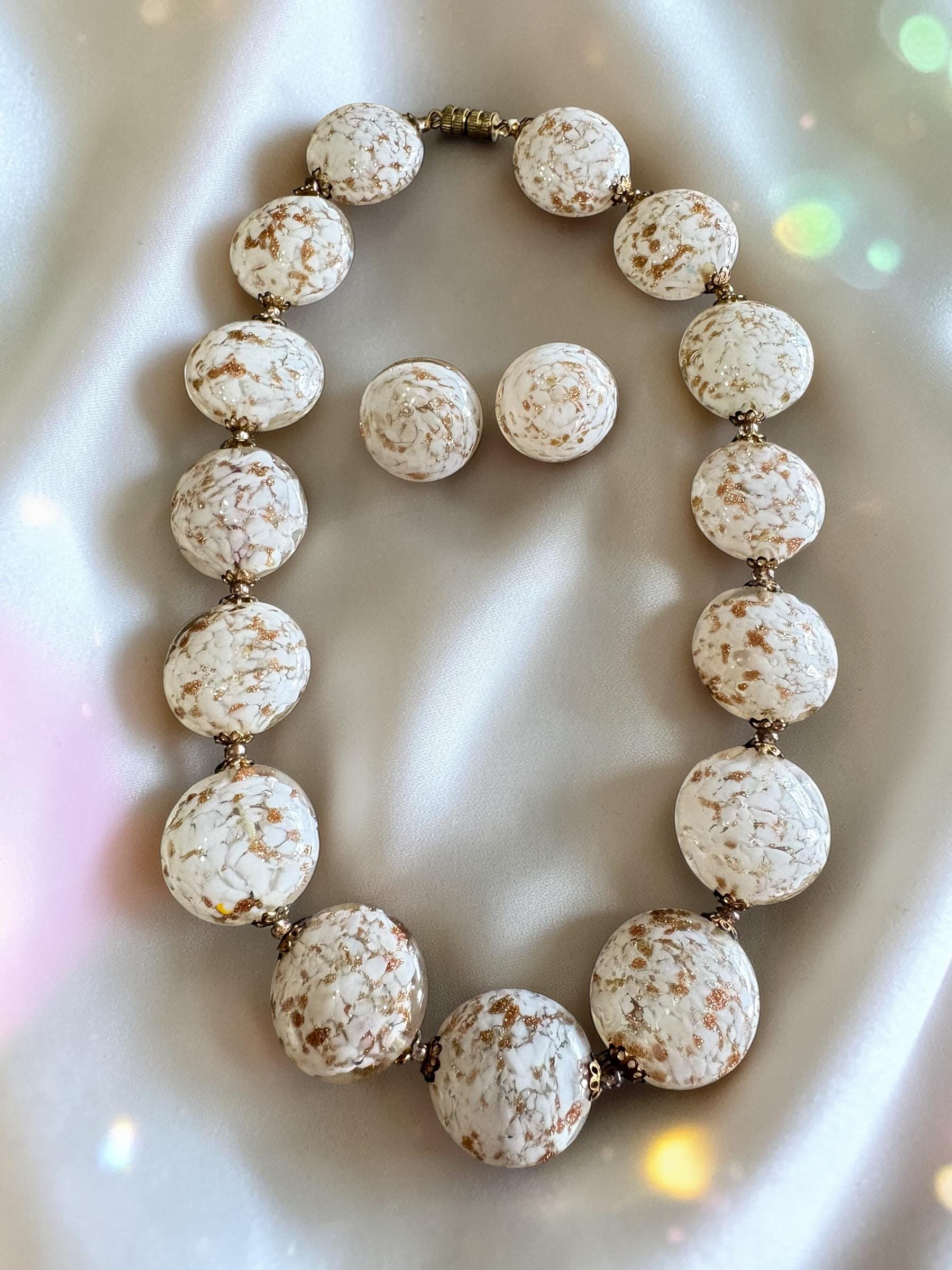 Vintage Weinstock-Lubin Necklace & Earring Set- Italian Made Marbled White and Gold Beads