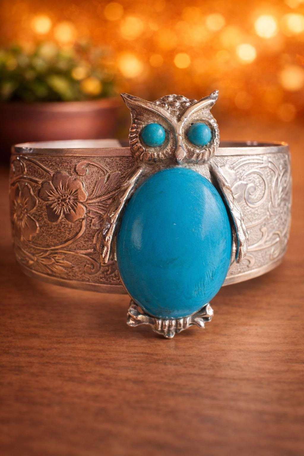 Vintage Owl Cuff Bracelet/ German Silver Cuff with Turquoise-Colored Stone/ Spiritual Protection Jew
