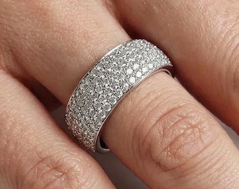 Anello da donna largo in oro bianco massiccio 14 carati con pavé di diamanti, fede nuziale scintillante in argento 925, anello a fascia completa per matrimonio.