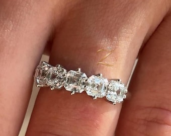 Anello antico con diamante moissanite taglio Asscher, fede nuziale in oro massiccio 14k con griffe condivise, solitario, anello impilabile con fascia dritta in argento 925