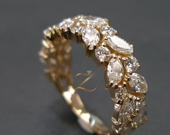 Anello unico con diamanti taglio marquise e rotondo per donna, in argento solitario 925 di ispirazione vintage, fede nuziale floreale in oro 14 carati