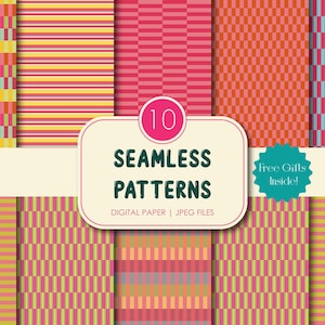 Puede incluir: Una colección de diez patrones digitales sin costuras con diseños geométricos en tonos vibrantes de rosa, naranja, amarillo y verde azulado. Una etiqueta blanca central muestra el texto 10 SEAMLESS PATTERNS DIGITAL PAPER | JPEG FILES.