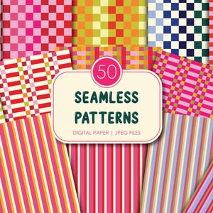 May include: A collection of 50 seamless patterns featuring digital paper designs with various checkered, plaid, and striped motifs in vibrant color palettes including red, pink, orange, lime green, blue, and purple with text 50 SEAMLESS PATTERNS.