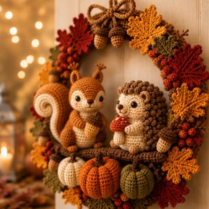 May include: A crochet wreath featuring a brown squirrel holding an acorn and a hedgehog holding a mushroom. The wreath is decorated with crocheted autumn leaves in red, orange, and yellow, along with small pumpkins and acorns in various colors.
