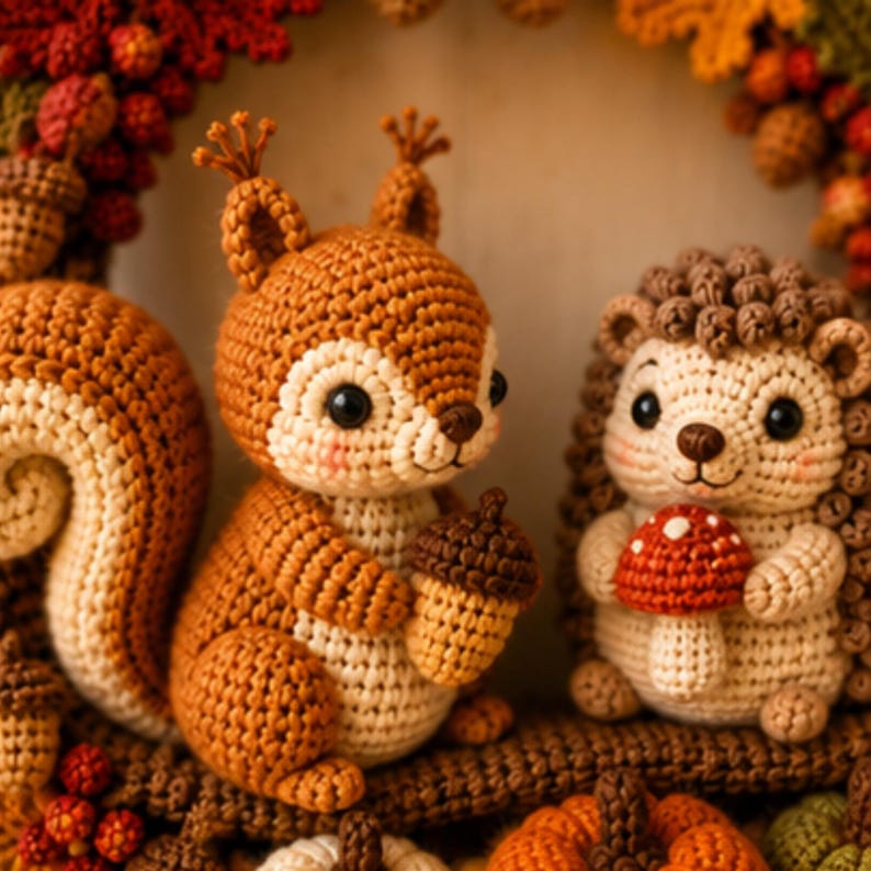 May include: A crochet squirrel holding a brown acorn and a crochet hedgehog holding a red and white mushroom, both featuring cream and brown yarn textures, positioned among crocheted autumn leaves, berries, and small pumpkins.