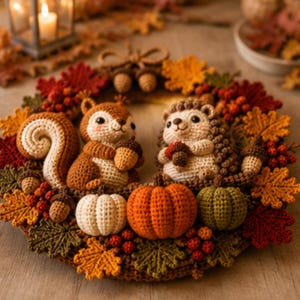 May include: A decorative autumn wreath featuring crocheted figures of a brown squirrel and a hedgehog, each holding a small acorn. The wreath is adorned with crocheted pumpkins in white, orange, and green, surrounded by red, orange, and yellow leaves.