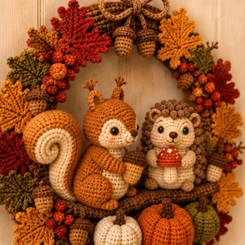 May include: A decorative autumn wreath featuring crocheted figures of a squirrel and a hedgehog. The wreath is adorned with crocheted maple leaves in red, orange, and yellow, along with small acorns, berries, and three pumpkins at the base.