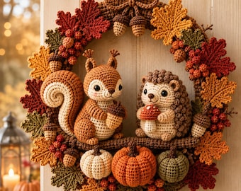 Woodland Autumn Wreath Crochet Pattern, Squirrel & Hedgehog Amigurumi, Fall Door Decor, Crochet Wreath PDF, Digital Pattern