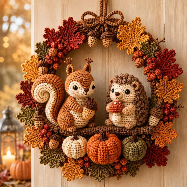 May include: A crochet wreath featuring a brown squirrel holding an acorn and a hedgehog holding a mushroom. The wreath is decorated with orange, red, and green crochet leaves, small berries, acorns, and three pumpkins in white, orange, and green.