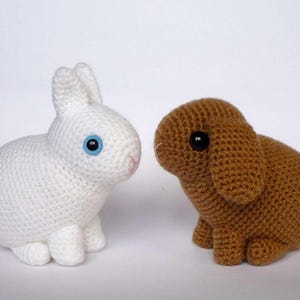 May include: Two crocheted bunny rabbits. One is white with blue eyes and a pink nose, the other is brown with black eyes. Both are sitting upright, facing each other. The bunnies are handmade and appear soft.