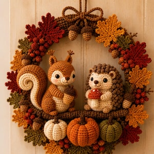 May include: A circular crochet wreath featuring a brown squirrel holding an acorn and a hedgehog holding a mushroom. The wreath is decorated with crocheted autumn leaves in red, orange, and yellow, along with small pumpkins and acorns.