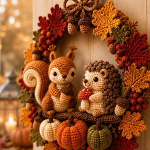 May include: A decorative wreath featuring crocheted figures of a squirrel holding an acorn and a hedgehog holding a mushroom. The wreath is adorned with crocheted autumn leaves in red, orange, and yellow, along with small pumpkins and acorns.