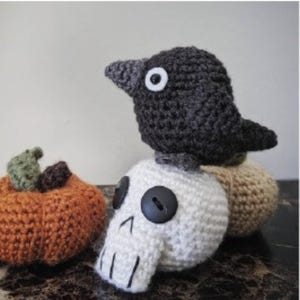 May include: Crocheted Halloween decorations featuring a dark gray crow perched atop a white skull with black button eyes. An orange pumpkin with a green stem and brown accents is also present. The items are handmade.
