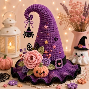 May include: A purple crocheted witch hat featuring a black brim, a black belt with a heart buckle, and a dangling black spider. The hat is decorated with pink crocheted roses, green leaves, and a small smiling peach-coloured pumpkin.