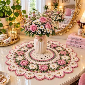 May include: A round, cream-colored crochet doily featuring a scalloped edge and a floral pattern with pink and white crocheted flowers. The doily is centered on a surface, supporting a white vase filled with pink roses and white daisies.