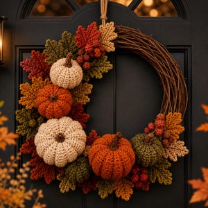 May include: A circular wreath constructed from brown twigs, decorated with crocheted pumpkins in cream and orange, alongside crocheted autumn leaves in shades of red, olive green, and tan, plus small clusters of red crocheted berries.