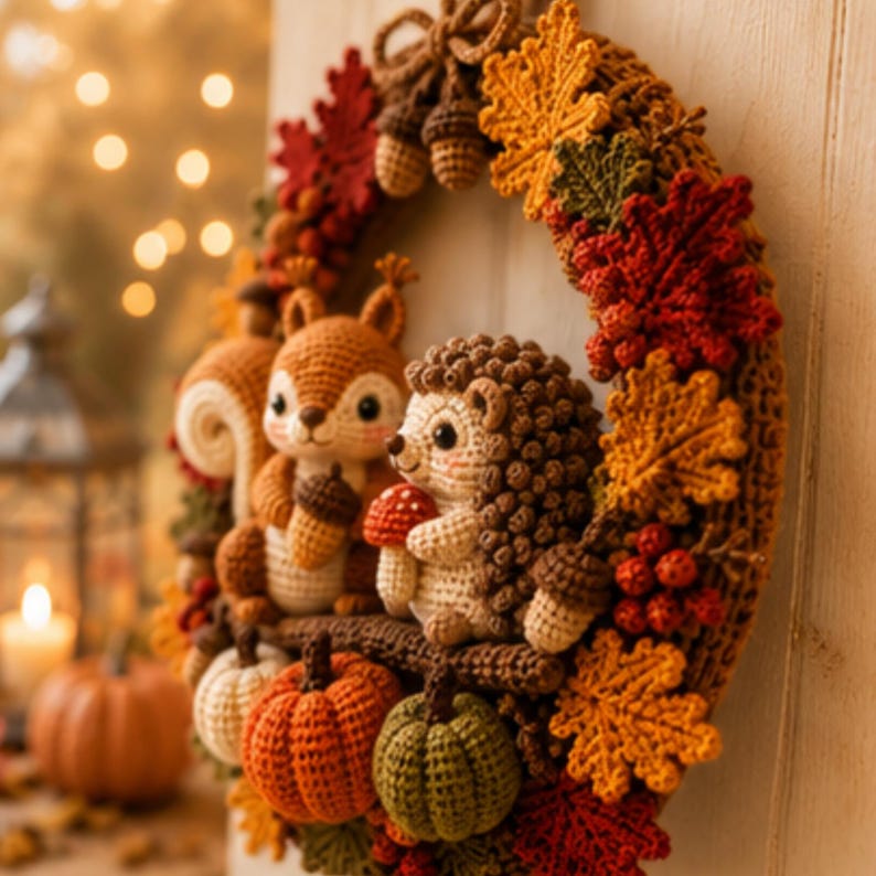 May include: A decorative autumn wreath crafted from crochet, featuring a brown squirrel holding an acorn and a hedgehog holding a mushroom. The wreath is adorned with crocheted orange, yellow, and red maple leaves, small pumpkins, and berries.