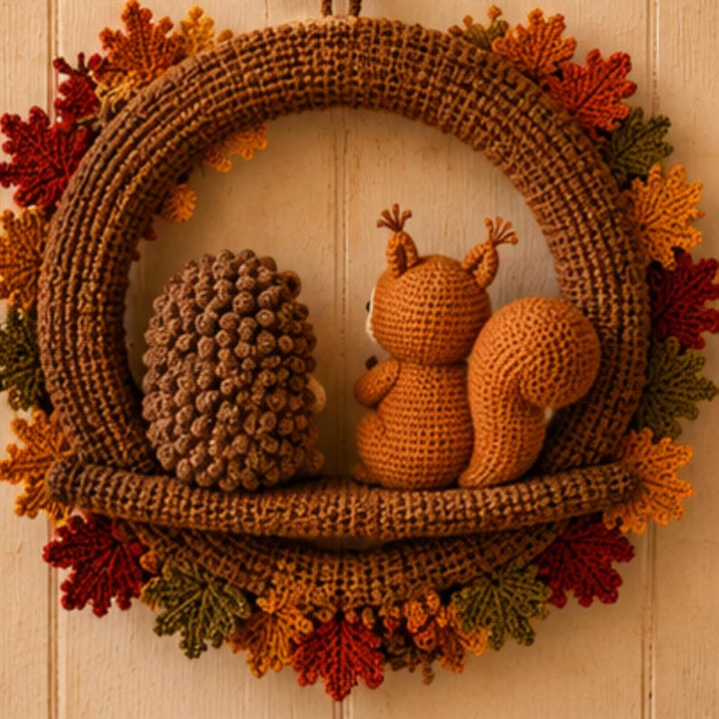 May include: A circular crochet wreath featuring a brown textured hedgehog and a brown squirrel sitting on a horizontal bar. The wreath is decorated with numerous crocheted leaves in shades of red, orange, yellow, and green, arranged around the frame.