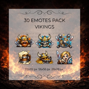 May include: A digital art graphic featuring a collection of Viking-themed emotes. The image includes various Viking characters with axes, shields, and helmets, along with a beer mug and a treasure chest. Text reads "30 Emotes Pack Vikings".