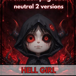 Op de afbeelding: Digitale kunst van een personage met rode ogen en hoorns, gekleed in een zwarte capuchon. De afbeelding bevat de tekst "1 emotion pngTuber neutral 2 versions" en "HELL GIRL". De achtergrond is donkerrood met gloeiende deeltjes.