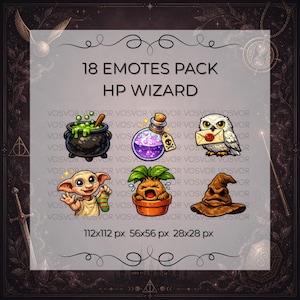 May include: An image featuring a pack of 18 digital emotes with a wizard theme. The emotes include a cauldron, potion, owl, elf, mandrake, and sorting hat. The image also displays the pixel dimensions of each emote.