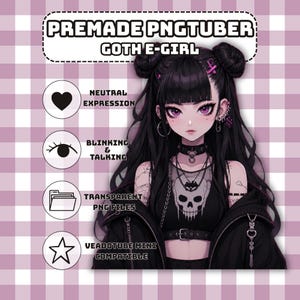 Puede incluir: Una ilustración de personaje digital titulada PREMADE PNGTUBER GOTH E-GIRL con un personaje de cabello negro en moños, ojos morados y una camiseta con estampado de calavera. Incluye iconos de expresión neutral, parpadeo, habla, archivos transparentes y compatibilidad con Veadotube Mini.