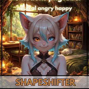 May include: Digital art of a character with cat-like features, featuring a neutral expression. The character has blonde hair with blue highlights, and heterochromatic eyes. The image includes the text "3 emotions pngTuber" and "SHAPESHIFTER". The background depicts a cozy room.