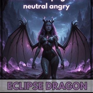 May include: Digital art of a female dragon-like figure with purple hair and wings, set against a dark, fantasy landscape. The image includes the text "2 emotions pngTuber neutral angry" and "ECLIPSE DRAGON".