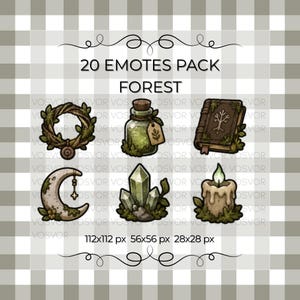 May include: A digital 20 emotes pack titled 20 EMOTES PACK FOREST featuring illustrations of a mossy wreath, a green potion bottle, a brown book with a tree symbol, a crescent moon, a crystal cluster, and a candle, with sizes 112x112 px, 56x56 px, 28x28 px.