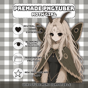 Puede incluir: Una ilustración digital de un personaje de chica polilla con cabello largo beige, antenas oscuras y alas grandes. La imagen incluye el texto: PREMADE PNGTUBER MOTH GIRL, NEUTRAL, LOUD, ANGRY EXPRESSION, BLINKING TALKING SCREAMING, TRANSPARENT PNG FILES, NEW PNGTUBER APP FLAPP, VEADOTUBE MINI COMPATIBLE.