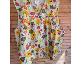 Vintage Art Smock Bright Daisies Green Trim Floral Sleeveless Pullover 4X