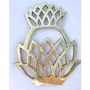 Puede incluir: Un salvamanteles de metal dorado pulido con forma de piña. El diseño presenta un patrón de celosía calado que forma el cuerpo y la parte superior frondosa de la fruta, con una base plana y lisa y un acabado de superficie metálica reflectante.