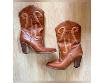 VTG 70s Sage Cowboy Boots Leather Brown Abeline 6 1/2 Line Dancing Rodeo Texas