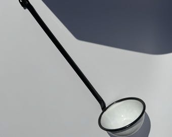Enamelware Soup Ladle Antique White Black 1930s to 1950s Vintage Kitchen Hook
